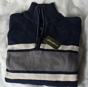 Eddie Bauer Navy and Gray Men's Quarter Zip Sweater sz L NEW
